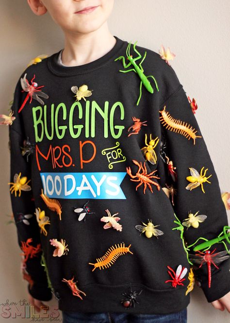 100 Days of School Shirt Idea: 'Bugging' My Teacher | Where The Smiles Have Been #school #100Days #100DaysOfSchool #100thDayOfSchool #schoolshirt #bugs #insects #HTV #HeatTransferVinyl #Silhouette #Cricut #CricutEasyPress 100 Days Of School Project Kindergartens, 100 Day Shirt Ideas, 100days Of School Shirt, 100 Días De Clases, 100th Day Of School Crafts, 100s Day, 100 Day Of School Project, 100 Days Of School Shirt, School Celebration