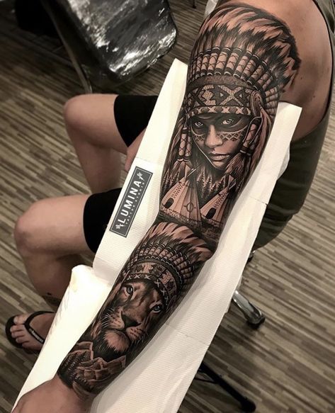 Indian Girl Tattoos, Aztec Tattoos Sleeve, Headdress Tattoo, Tato Flash, Lion Tattoo Sleeves, Native American Tattoo, Full Leg Tattoos, Aztec Tattoo Designs, Native American Tattoos