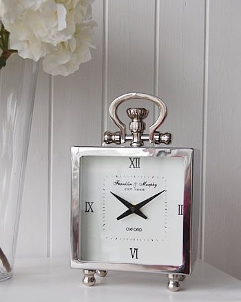 Polished Silver Chrome mantel clock. Ideas and designs in furniture and accessories for decorating your white home from The White Lighthouse www.thewhitelighthousefurniture.co.uk Om Light, Chrome Decor, White Lighthouse, Bathroom Clock, Hall Ideas, Clock Ideas, Scorpio Girl, Danish Interior, London Living