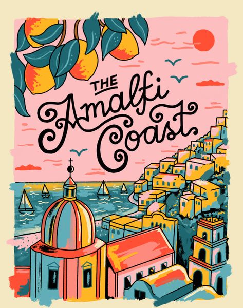 Italy Design Graphic, Amalfi Coast Art, Italy Graphic Design, Italy Illustration, Graphic Business, Illustrated Postcard, Amalfi Coast Travel, Graphisches Design, Amalfi Coast Italy