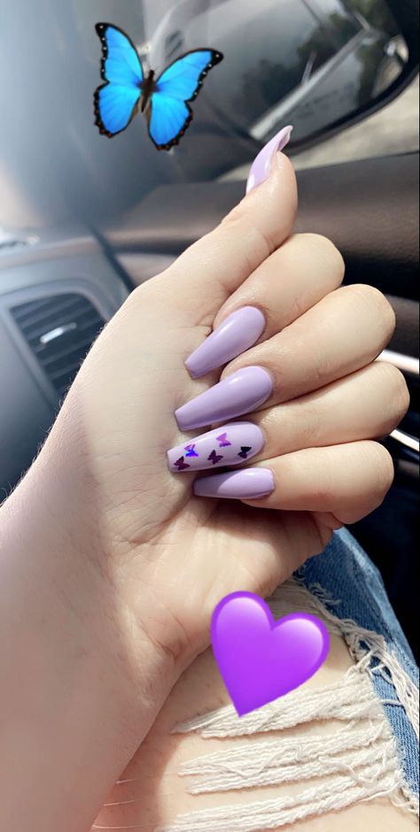 Purple Nails Butterfly, Nails Butterfly Purple, Dark Purple Nails With Design, Pastel Purple Butterfly Nails, Pink And Purple Butterfly Nails Short, Purple Butterfly Nails, Pink And Purple Butterfly Acrylic Nails, Purple Chrome Butterfly Nails, Nails Butterfly