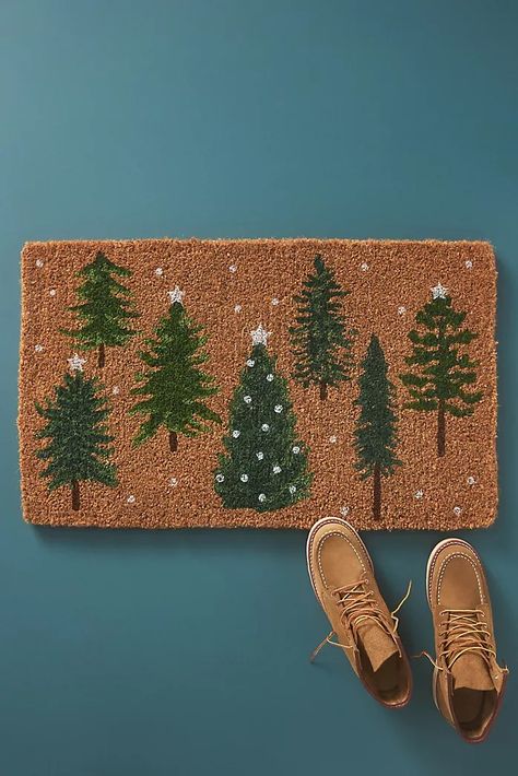 Holiday Décor | AnthroLiving Winter Doormat Ideas, Christmas Rugs Outdoor, Doormat Christmas, Fur Tree, Christmas Doormat, Faux Fur Pillow, Snowy Forest, Winter Wood, Glass Jar Candles