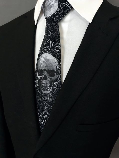 Lucius Malfoy Aesthetic, Gothic Fashion Men, Gothic Suit, Mens Ties Crafts, Malfoy Aesthetic, Skull Tie, White Pocket Square, White Goth, Make A Tie