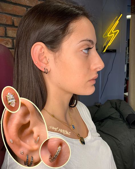 Robbie Milian’s Instagram photo: “Fresh Mid helix and earlobe piercings. And 14k yellow gold micro pavé hoop installed in healed Tragus piercing. ✨ . . . . . . .…” Mid Helix Piercing Hoop, Mid Helix Piercing, Earlobe Piercings, Tragus Piercing, Tragus Piercings, Helix Piercing, Tragus, Helix, Earings Piercings