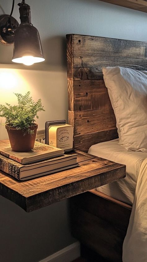 Maximize space in your small bedroom with DIY floating nightstands! These sleek, minimalist shelves provide functional bedside storage without taking up floor space. Perfect for adding a modern, space-saving touch to your bedroom while keeping essentials close at hand. 🛠✨ #FloatingNightstands #SmallSpaceLiving #DIYFurniture #BedroomDecor Night Stand Shelves, Bedside Floating Table, Floating Nightstand Bedroom Ideas, Small Wooden Nightstand, Floating End Tables Night Stands, Diy Night Stands Bed Side Table, Diy Floating Nightstand Bedside Tables, Floating Bedside Table Diy, Floating Bedside Table Ideas