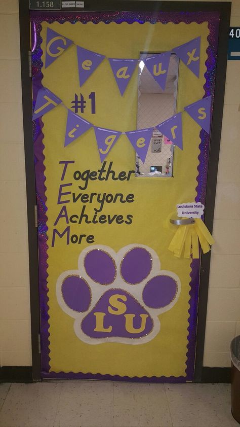 LSU theme classroom door- I decorated my door for our Math Fball Game day.. LSU Tigers! I loved the #1 TEAM idea. Classroom Door College Theme, Team Door Decorating Ideas, Spirit Week Door Decorations, Cheer Dorm Door Decorations, College Theme Classroom, Cheer Camp Door Decorations Ideas, School Spirit Door Decorations, Homecoming Door Decorations, Hoco Decor