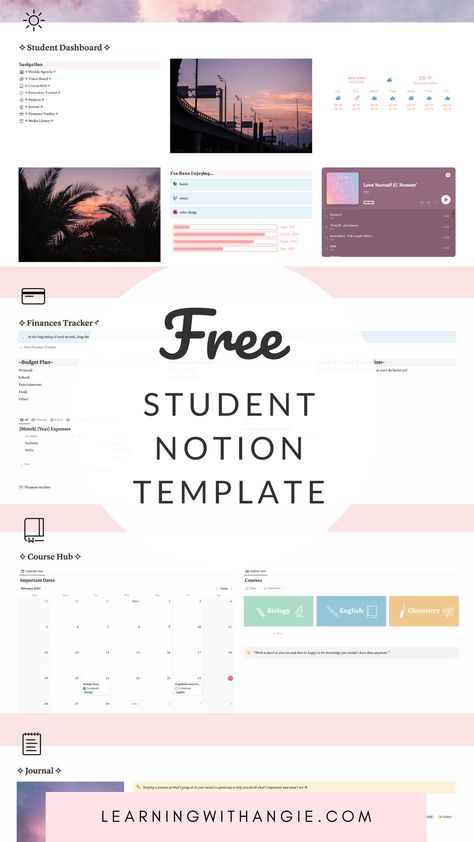 Free Aesthetic Notion Template, Study Planner Free, Aesthetic Notion Template, Student Dashboard, Life Planner Organization, Homework Planner, Aesthetic Notion, Budget Tracking, Planner Writing