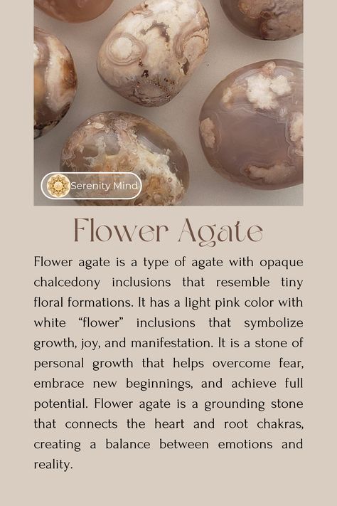 Flower agate meaning & benefits. If you want to learn more about crystals, follow us. You can also find us on instagram, our username is serenitymindcrystals. Green Flower Agate Meaning, Cherry Blossom Agate Meaning, Cherry Blossom Agate Crystal Meaning, Black Flower Agate Meaning, Flower Agate Crystal Meaning, Flower Agate Meaning, Wearing Crystals, Crystal Grimoire, Green Flower Agate