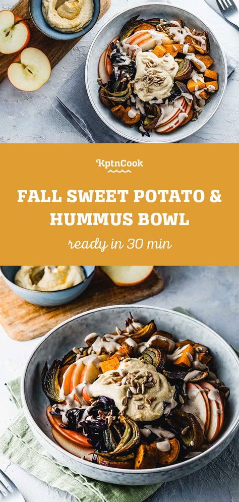 Simple and vegan Recipe: Fall Sweet Potato & Hummus Bowl. Our vegan dish is a real autumn classic! This Gluten Free dish is perfect as a Salad or Bowl for your next Lunch or Dinner. You should definitely try out this Dairy Free Vegetables Bowl! #whatareyoucookingtoday #KptnCookApp Autumn Bowl, Autumn Buddha Bowl, Buddha Bowl With Sweet Potato, Fall Buddha Bowl Vegan, Budha Bowls Sweet Potato, Sweet Potato And Chickpea Buddha Bowl, Budah Bowl Vegan, Hummus Bowl, Sweet Potato Hummus