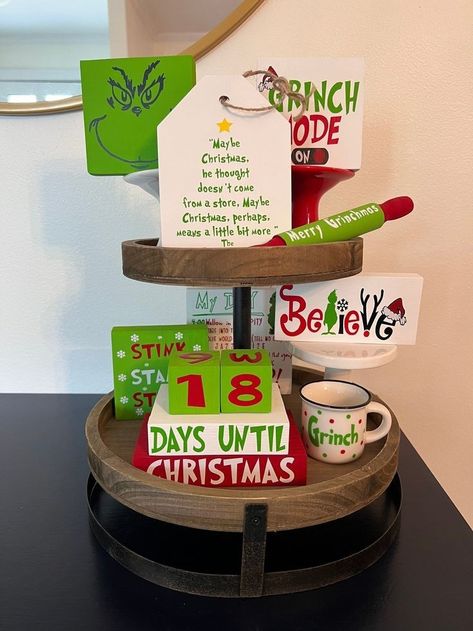 Grinch Tiered Tray Decor, Grinch Wood Crafts, Grinch Kitchen Decor, Grinch Tiered Tray, Days Until Christmas Countdown, Grinch Sign, Grinch Stuff, Mini Mugs, Grinch Christmas Party