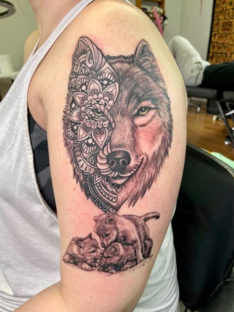 Wolf mama with her three cubs Wolf And Pups Tattoo, Mama Wolf And Cubs Tattoo, Wolf Cubs Tattoo, Wolf And Cubs Tattoo, Wolf Cubs, Mama Tattoo, Cubs Tattoo, Tattoos, Quick Saves