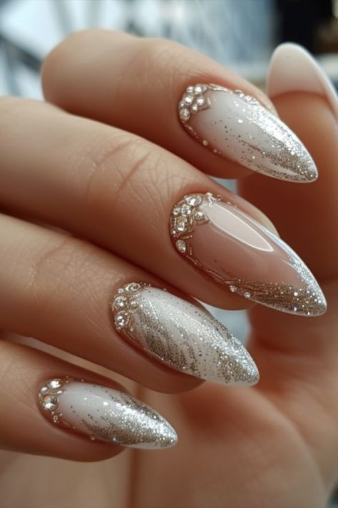 White Nails With Designs 2024, Silver Nail Designs Acrylic, Nail Bling Designs Rhinestones, Cut Dog Nails, Wedding Acrylic Nails, Bling Nail Art, Bridal Nails Designs, White Manicure, Gold Nail