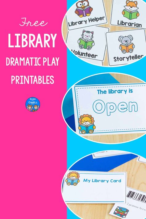 These free printables for creating a Library Dramatic Play area make it east to set up a cute pretend library in your playroom or classroom. Library Cards For Preschoolers, Library Preschool Activities, Library Dramatic Play Free Printables, Library Pretend Play, Library Activities For Preschoolers, Library Dramatic Play, Library Printables, Printable Pretend Play, Dr Seuss Preschool Activities