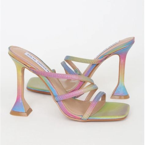 Stay On Top Of The Trends With The Steve Madden Flared Rainbow Multi Strappy High Heel Sandals! These Chic Sandals Feature Three Slender Elastic Straps Atop A Square Toe And A Trendy, Matching Flared Heel, All Shaped From Eye-Catching Iridescent Rainbow Fabric. Slide-On Design. 4" Pyramid Heel. Cushioned Insole. Rubber Sole Has Nonskid Markings. All Vegan Friendly, Man Made Materials. Imported. Style 1182571 Bright Heels, Rainbow Heels, Rainbow Fabric, Trending Heels, Comfy Heels, Heels Aesthetic, Strappy High Heels Sandals, Color Shoes, Chic Sandals