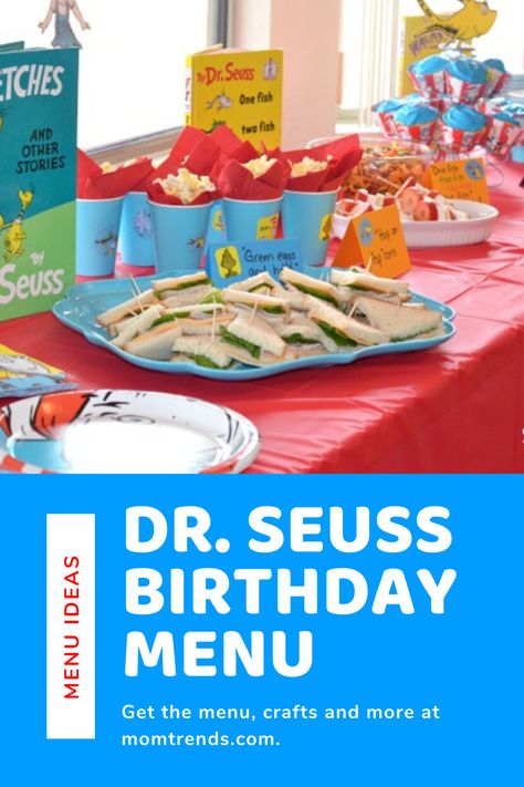 Planning the food for this Dr. Seuss party was so much fun! We served "Green Eggs and Ham" Turkey Sandwiches, "Hop on Pop"-corn, "Cat in the Hat" kebabs, colorful goldfish crackers, and cupcakes (of course!). #DrSeuss #menu #birthday Twin Dr Seuss Birthday, Dr Seuss Birthday Food, Dr Seuss Inspired Food, Cat In The Hat Birthday Party Food, Dr Seuss 2nd Birthday Party, Cat In The Hat Birthday Party Ideas, Dr Seuss Lunch Ideas, Dr Seuss Party Food, Cat In The Hat Birthday Party