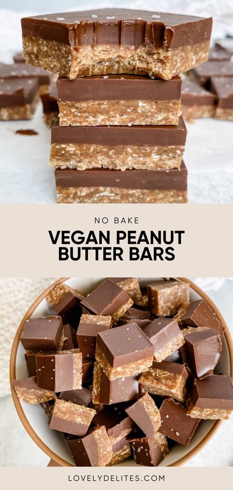 Vegan Peanut Butter Bars taste just like a peanut butter cup, but better! They only require 4 simple ingredients and are the best vegan no bake dessert! These peanut butter bars have chocolate on top and caramely bottoms. As written, this is a vegan and gluten free chocolate dessert. Raw Vegan Biscuits, Raw Baking Recipes, Vegetarian Desert Ideas, Peanut Butter Vegan Recipes, No Bake Vegan Brownies, Vegan Peanut Butter Recipes, Vegan Chocolate Peanut Butter Bars, Vegan Bake Sale Ideas, Vegan No Bake Recipes