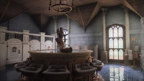 Hogwarts Bathroom Aesthetic, Hogwarts Interior Design, Hogwarts Exterior, Hogwarts Legacy Visuals, Hogwarts Bathroom, Dark Academia Bathroom, Hogwarts Dorm, Hogwarts Common Rooms, Hogwarts Visuals