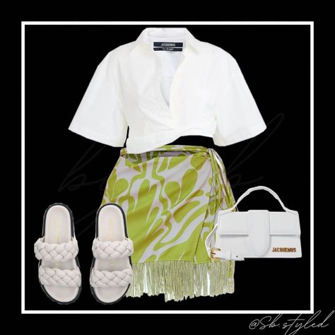 𝔰 𝔟 on Instagram: “🍸. Where we off to today? . . . . . . A green printed mini skirt, a cropped shirt paired with white sandals and a white bag. Pair with…” Classy Casual Outfits Summer, Cali Fits, Revenge Outfits, Green Top Outfit, Cropped White Shirt, Printed Mini Skirt, Vacation Outfits Women, Cute Vacation Outfits, Trendy Heels