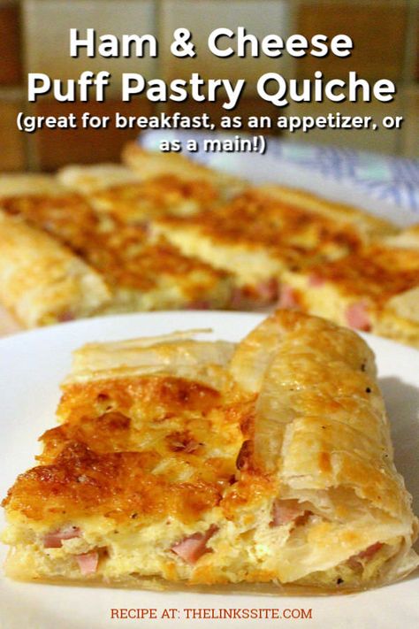 This is THE BEST recipe for a delicious Ham & Cheese Puff Pastry Quiche! It is so versatile that it can be made for any occasion. It can also be made ahead of time and is freezer friendly! thelinkssite.com #bestrecipes #bestfood #makeaheadmeals #quiche #breakfast #appetizer #dinner #freezerfriendly #mealplanning Puff Pastry Quiche Pioneer Woman, Quiche Appetizers, Ham And Cheese Puff Pastry, Puff Pastry Quiche, Ham Cheese Puff Pastry, Puff Pastry Recipes Savory, Savoury Finger Food, Onion Quiche, Ham And Cheese Quiche