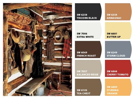 ColorSnap by Sherwin-Williams – ColorSnap by Christy C. Mountain Cabin Color Palette, Log Cabin Color Palette, Cabin Color Schemes, Cabin Color Palette, Hunting Cabin Interior, Cabin Paint Colors, Kitchens Rustic, Cabin Colors, Vermont Cabin