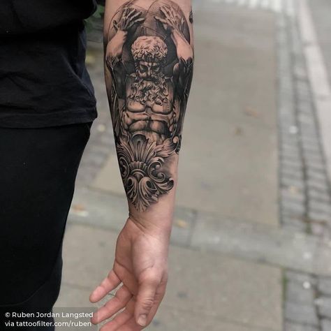 Omega Tattoo, Warrior Tattoo Sleeve, Greek God Tattoo, Atlas Tattoo, Zeus Tattoo, Black And Grey Tattoo, Filigree Tattoo, Realistic Tattoo Sleeve, Statue Tattoo