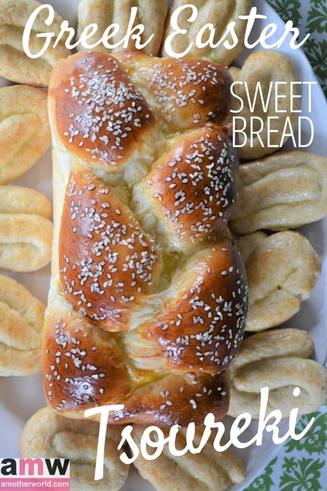 Greek Sweet Easter Bread | amotherworld Greek Easter Cookies, Greek Sweet Bread, Greek Easter Bread Recipe, Greek Bread Traditional, Croatian Easter Bread, Easter Breads From Around The World, Easter Sweet Bread, Bulgarian Easter Bread, Tsoureki Recipe