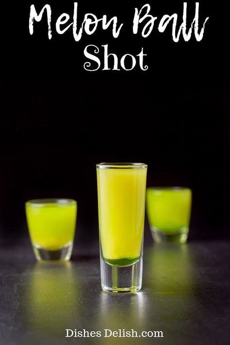 You don't have to drink a whole melon ball cocktail to try it in shot form.  This melon ball shot is so delicious and fun!  It's a small taste of the cocktail but the same name without having to imbibe the whole thing! #melonball #melonballshot #layeredshot #dishesdelish Shots With Melon Liquor, Melon Liquor Shots, Melon Liqueur Cocktails, Melonball Cocktail, Melon Ball Drink, Melon Ball Cocktail, Midori Drinks, Jello Shooters, Mixology 101