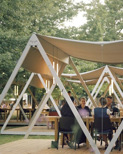 Melbourne architects design temporary dining pavilions for NGV garden | ArchitectureAU Temporary Architecture, Melbourne Architecture, Module Design, Detail Arsitektur, Pavilion Architecture, Warehouse Design, Pavilion Design, Outdoor Pavilion, Temporary Structures