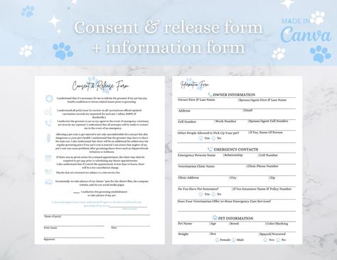 Dog Grooming Business Forms Consent and Release Form - Etsy Dog Bathing, Organize Your Business, Intake Form, Grooming Business, Dogs Grooming, Grooming Shop, Dog Grooming Business, Dog Bath, Organization Help