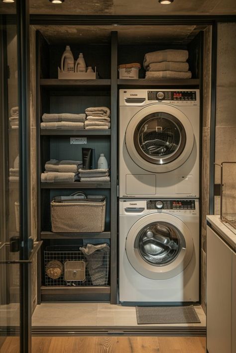 The Streamlined Laundry Solution focuses on efficiency and order with a clean and organized layout. This stacked laundry room uses straight lines and a neutral color palette to create a sense of calm and orderliness. Integrated storage systems keep supplies neatly hidden but easily accessible. This design is perfect for those who value functionality and a streamlined aesthetic in their home. Modern appliances and smart home technology enhance the efficiency of the laundry process. Walk In Closet With Stackable Washer And Dryer, Laundry Room Ideas Stacked Washer Dryer, Stacked Laundry Closet, Stackable Washer Dryer Laundry Room, Stacked Laundry Room Ideas, Washer Dryer Laundry Room, Stacked Laundry, Laundry Station, Small Utility Room