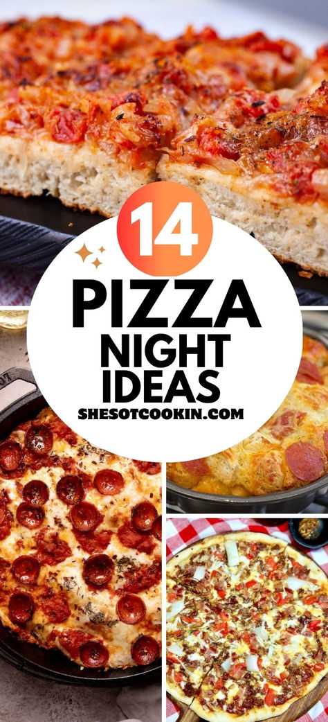 Photo collage of pizza night recipes with text overlay. Different Pizza Recipes, Recipes Using Pizza Dough Dinners, Cold Pizza Recipe, Pizza Potluck Ideas, Best Pizza Recipe, Pizza Crockpot Recipes, Fun Pizza Ideas, Recipes Using Pizza Dough, Unique Pizza Ideas