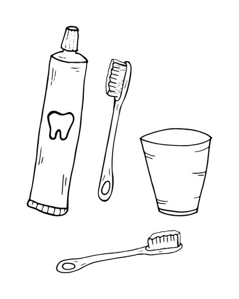 Coloring page Toothbrushes, toothpaste, mouthwash Outline vector illustration. Doodle style. Toothbrush Drawing, Bird Outline, Paper Outline, Pasta Dental, Illustration Doodle, Brush Drawing, Doodle Style, Harry Potter Anime, Simple Pictures