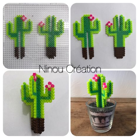 Melts Beads Ideas 3d, Picture Beads Ideas, Hama Bead 3d Pattern, Hama Beads Design 3d, Cactus Perler Bead Pattern, Perler Bead Plant Pattern, Hama Beads Patterns 3d, Perler Beads Cactus, Perler Cactus