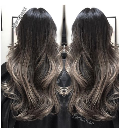 Brunette Ash Blonde Balayage, Milk Tea Balayage On Black Hair, Babylights Brunette Dark, Dark Hair With Blonde Balayage, Ash Beige Balayage, Ashy Babylights, Ash Balayage On Dark Hair, Ash Blonde Balayage On Dark Hair, Smokey Ash Brown Balayage Dark