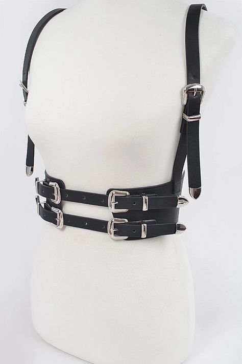 Get ready to buckle up in style with our Multi Buckle Harness Belt! This versatile accessory adds a touch of edgy flair to any outfit, while providing practical benefits like adjustable fit and extra support. So go ahead, strap on this must-have accessory and take your look to the next level (safely, of course)! Belt Reference, Strap Outfit, Body Harness Outfits, Techwear Accessories, Gear Belt, Harness Outfit, Jewelry Belt, Back Accessories, Black Harness