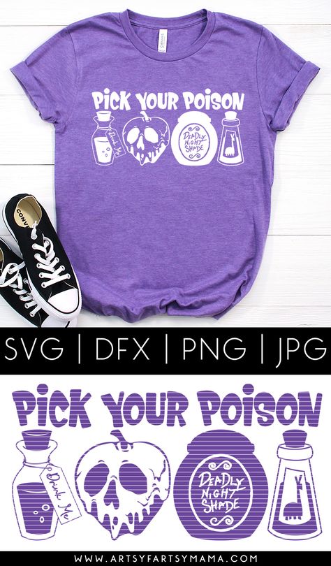 Villains "Pick Your Poison" Shirt with Cut File | artsy-fartsy mama Crafty Shirts Ideas, Disney Villains Shirt Ideas, Disney Shirts With Cricut, Disney Bleached Shirts, Disney Shirt Diy, Halloween Shirt Ideas Vinyl, Cool Shirt Ideas, Disney Halloween Shirt Ideas, Shirts To Make With Cricut