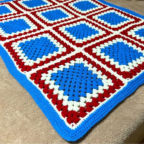 This Crocheted Throw/Afghan Is The Perfect Gift For The Patriotic! It Was Handmade By Me In 2024. Only Soft Yarns Are Used For Blankets, Hats & Scarves. Large Red, White And Blue Granny Squares Bordered With A Blue Camel Stitch! #Hooksnstitches Crochet Blanket Firefighter, Blue Granny Squares, Crochet Granny Blanket, Granny Blanket, Crochet Granny Square Afghan, Granny Stitch, Granny Square Afghan, Three Cats, Granny Square Blanket