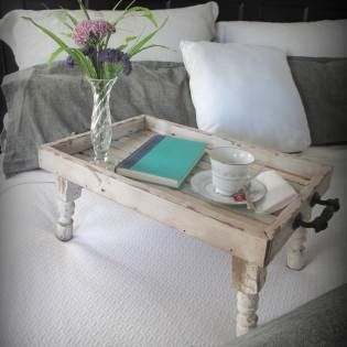 Bed Tray Diy, Spindle Crafts, Reclaimed Wood Beds, Reclaimed Wood Tray, Diy Serving Tray, Making A Bench, Shop Lights, Diy Shop, Bed Tray