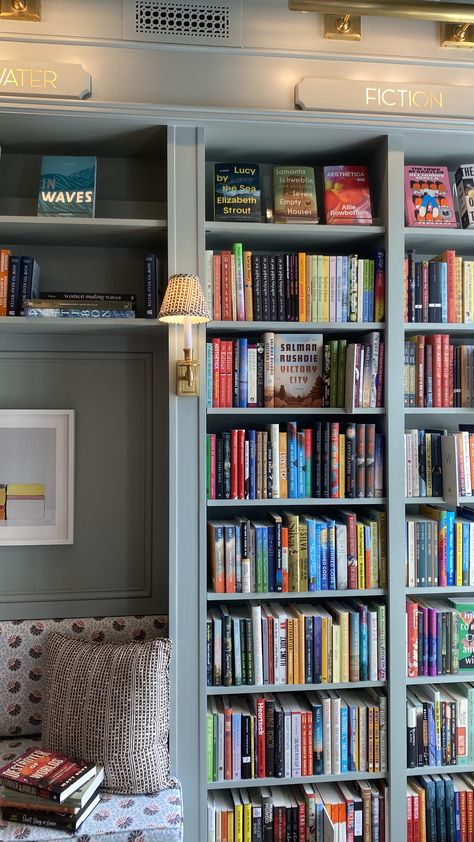 Piano Bookcase Wall, Boston Bookstores, Bright Library Aesthetic, Cottage Bookstore, Bookstore Aesthetic, Pattern Curtains Living Room, Belle Library, Backlit Bathroom Mirror, Home Library Rooms