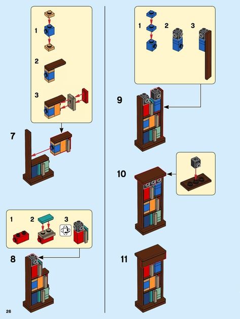 Lego Bookshelf Instructions, Free Lego Instructions, Easy Lego Creations With Instructions, Lego Building Ideas Instructions, Custom Lego Builds, Lego Furniture Instructions, Lego Diy Ideas, Lego Ideas To Build Instructions, Lego Bookshelf