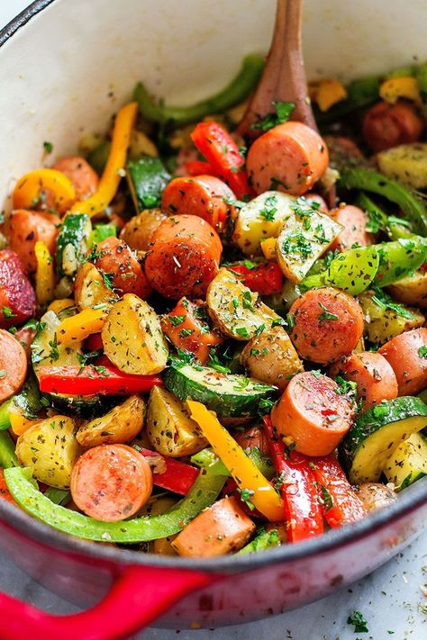 This one-pot sausage and veggies is a down home, healthy, inexpensive, and delicious meal that you’ll love to make again and again. Baby potatoes are quickly stir fried then paired with savory sausage, sweet bell peppers and zucchini for a mediterranean touch. Perfect for busy weeknights or those nights when you just don’t feel like cooking! Healthy Sausage Recipes, Sausage And Veggies, Healthy One Pot Meals, Quick Healthy Meals, Quick Dinner Recipes, Idee Pasto Sano, Quick Healthy, Easy Healthy Dinners, Sausage Recipes