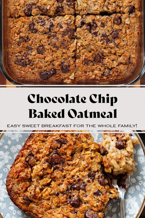 This Chocolate Chip Baked Oatmeal is an easy sweet breakfast or brunch, perfect for the whole family! You can make it ahead as meal prep and it's perfect for a crowd! The baked oats are crispy and caramelized on the outside and soft and chewy on the inside with pockets of melted dark chocolate. It's simple, easy to make, and freezer-friendly! Baked Oatmeal For A Crowd, Oven Baked Oats Breakfast Recipes, Freezer Baked Oatmeal, Overnight Baked Oatmeal Recipes, Oatmeal Breakfast Bake Recipes, Soft Baked Breakfast Bars, Low Calorie Oatmeal Bake, Baked Oatmeal Microwave, Healthy Oatmeal Bake Breakfast