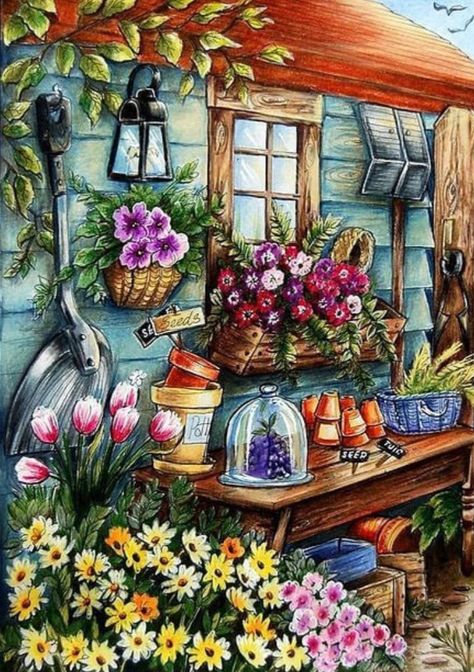 Spring Scenes, Teresa Goodridge, Diy Art Crafts, Creative Haven Coloring Books, Garden Corner, Gardens Coloring Book, Spring Scene, Colored Pencil Tutorial, Scene Drawing