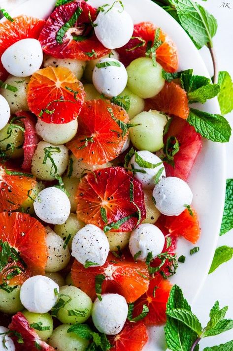 Winter Citrus Melon Caprese Salad | aberdeenskitchen.com Salad Citrus, Healthy Holiday Appetizers, Zesty Salad, Champagne Vinaigrette, Caprese Salad Recipe, Recipes Savory, Citrus Recipes, Savory Salads, Fresh Mint