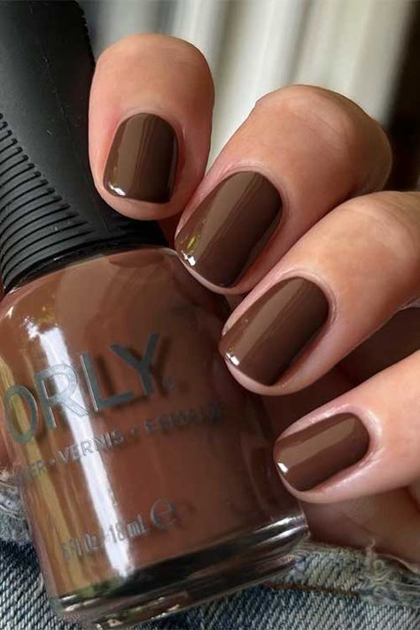 Orly Don't Be Suspicious Chocolate Brown Nails Short, Brown Nails On Pale Skin, Brown Chocolate Nails, Chocolate Brown Nail Polish, Short Chocolate Nails, Chocolate Color Nails, Fall Nail Black Women, Short Nails Ideas Brown, Brown Nail Polish Colors