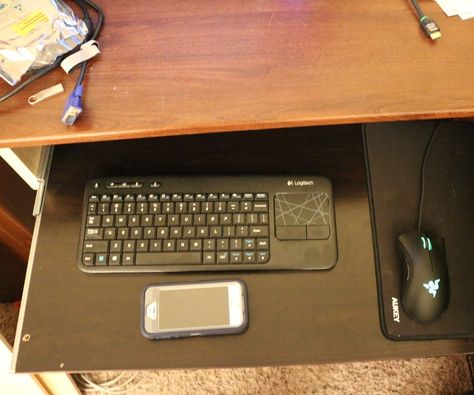 Diy Keyboard Tray, Diy Keyboard, Tall Desk, Drawer Sliders, Old Drawers, Midi Keyboard, Old Desks, Lap Tray, Floating Desk