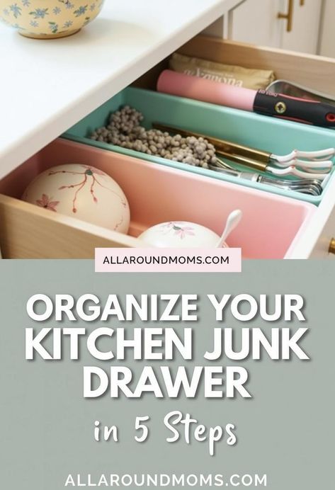 Organizing your kitchen junk drawer is a simple and rewarding task that can significantly improve your kitchen's functionality. This five-step process involves removing items, categorizing, discarding unnecessary objects, cleaning, and implementing an organizational system. By transforming your cluttered drawer into an efficient storage space, you'll streamline daily routines and enhance overall kitchen organization. Discover how to tackle this common household challenge. Kitchen Junk Drawer, Junk Organization, Junk Drawer Organizing, Clear Bins, Organize Your Kitchen, Efficient Storage, Organization Essentials, Kitchen Drawer, Organize Drawers