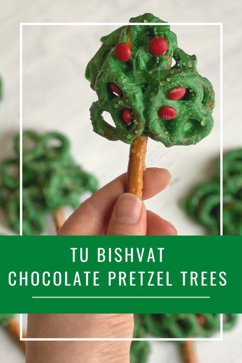 These tree treats are perfect for any Tu B'Shevat celebration.  The recipe is quick and so easy that you can do it with your kids. #ilovetrees Tale Of Three Trees, Pretzel Trees, Seder Plate Craft, Edible Kids Crafts, Preschool Story Time, Space Vbs, Jewish Preschool, Afternoon Crafts, Jewish Holiday Recipes