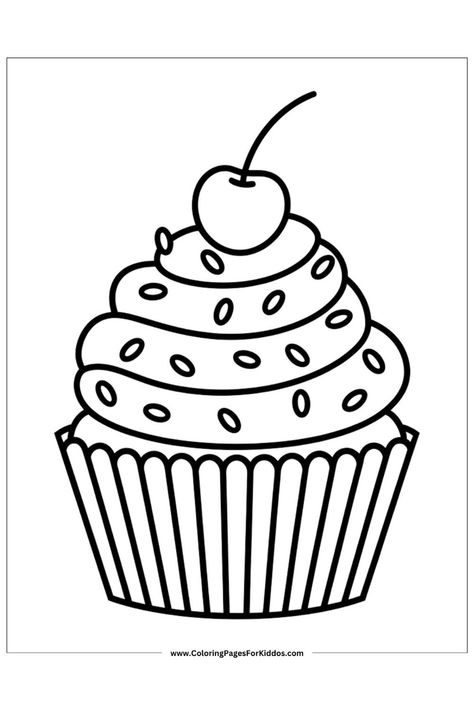 A cupcake with sprinkles and a cherry on top, great for a cute dessert coloring page. Cupcake Coloring Pages Free Printable, Easy Coloring Pages For Kids, Cute Coloring Pages For Kids, Cute Coloring Page, Cupcake Coloring Pages, Fun Coloring Pages, Preschool Coloring Pages, Printable Cute, Art Time