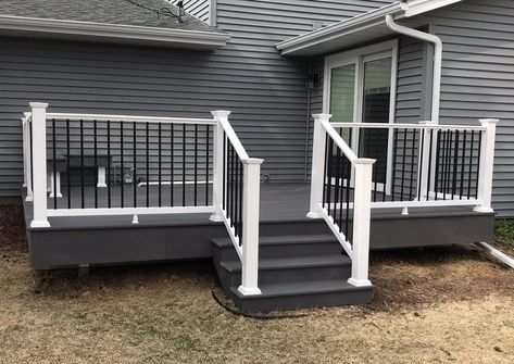 Deck Color For Dark Grey House, Gray House With Deck, Black Painted Deck, Deck Colors For Gray House, Railing For Porch, Grey Deck Paint, Painted Decks, Trex Deck Colors, Sunroom Deck